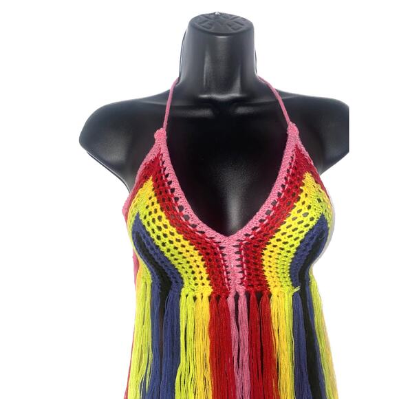 NWT Rainbow Small Knit Crochet Fringe Backless Halter Top Blouse - Picture 3 of 4